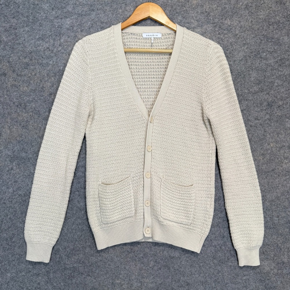 Sandro Paris Textured Cardigan Sweater Womens‎ Small Cream Beige Designer Knit